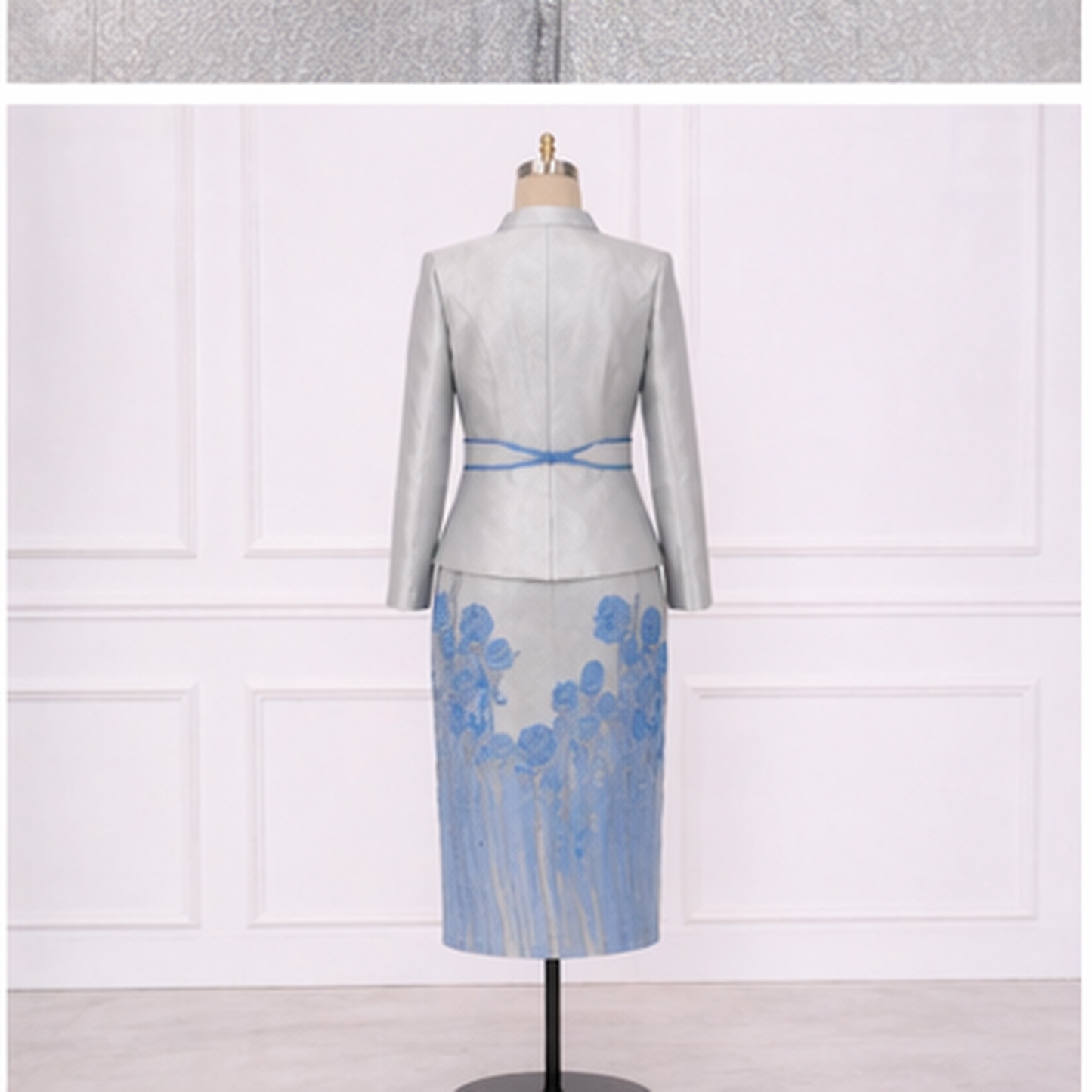 Elegant Silver & Blue Two-Piece Dress Set for Women – Church & Wedding Floral Outfit with Belt