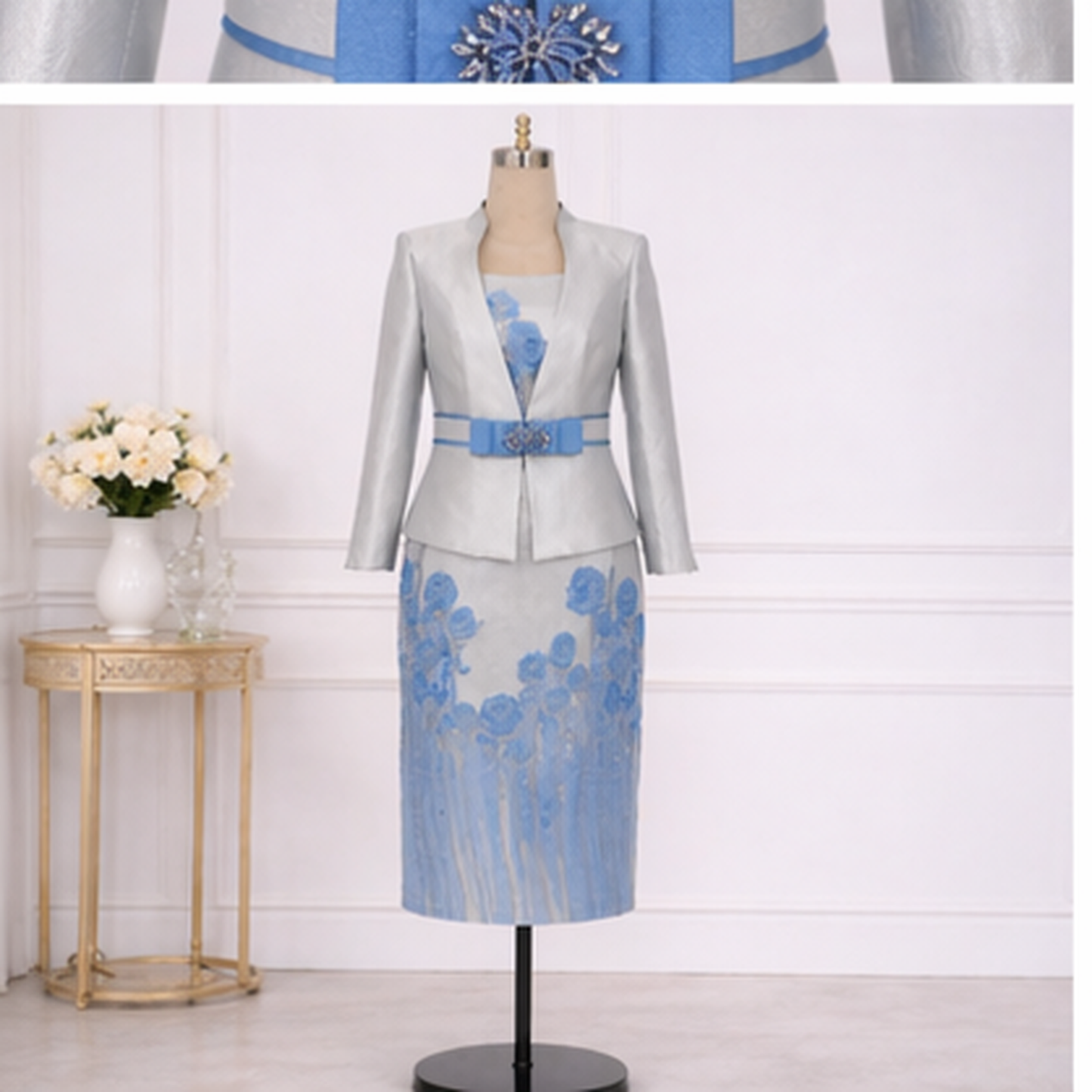 Elegant Silver & Blue Two-Piece Dress Set for Women – Church & Wedding Floral Outfit with Belt