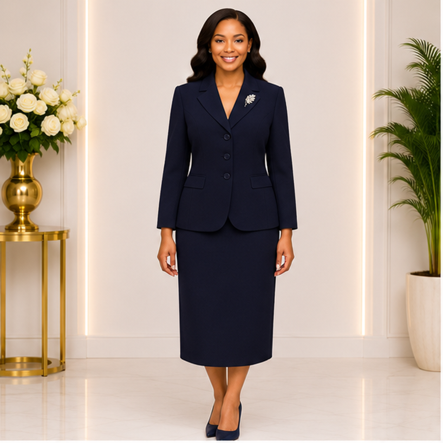 Elegant Navy Blue Church Suit for Women – Premium Two-Piece Formal Skirt Set for Church & Business Wear