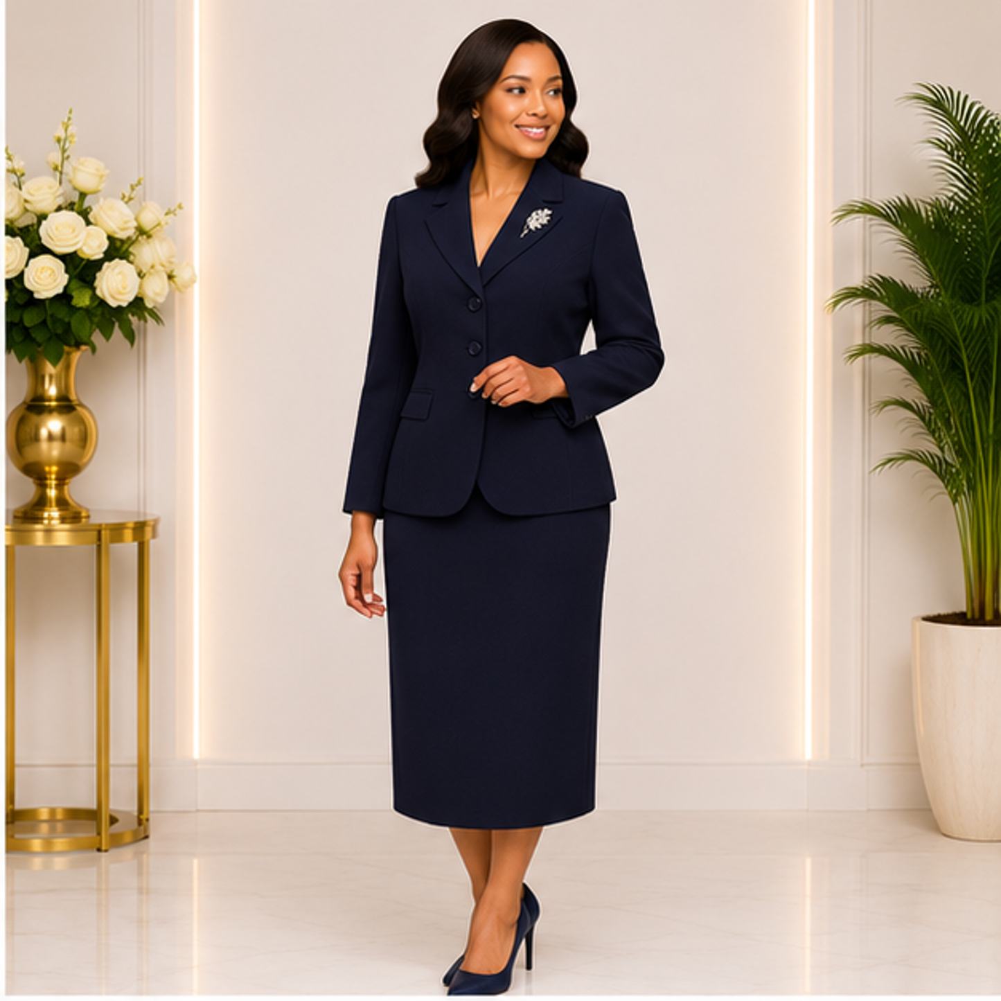 Elegant Navy Blue Church Suit for Women – Premium Two-Piece Formal Skirt Set for Church & Business Wear