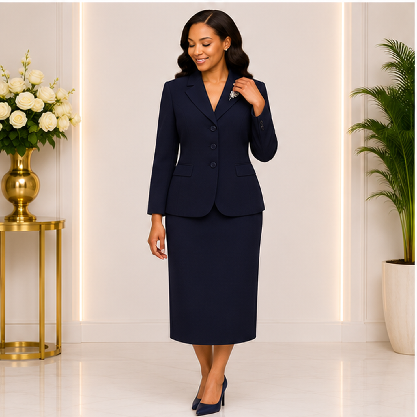 Elegant Navy Blue Church Suit for Women – Premium Two-Piece Formal Skirt Set for Church & Business Wear