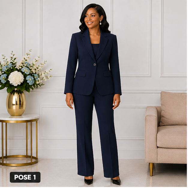 Elegant Women’s 2-Piece Pant Suit Set – Navy Blue Formal Blazer & Pants Outfit