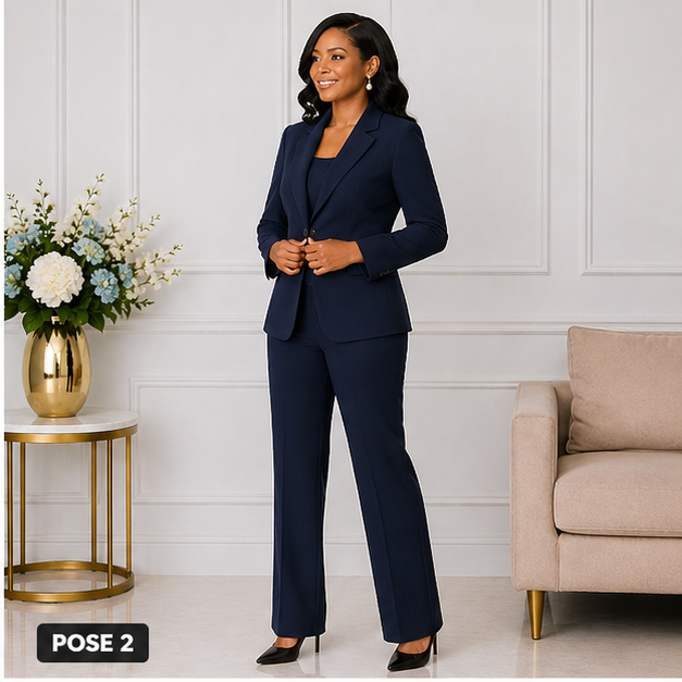 Elegant Women’s 2-Piece Pant Suit Set – Navy Blue Formal Blazer & Pants Outfit