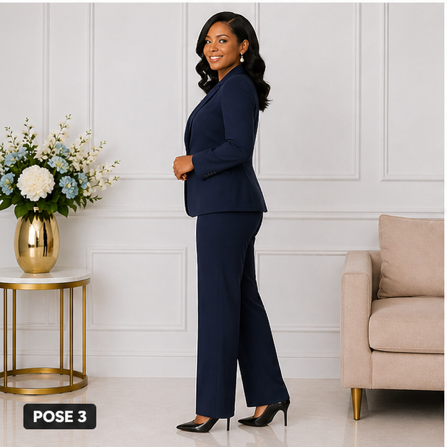 Elegant Women’s 2-Piece Pant Suit Set – Navy Blue Formal Blazer & Pants Outfit