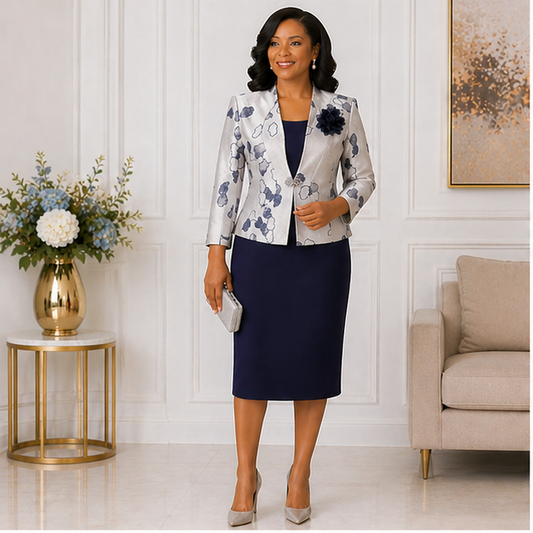 Elegant Women’s 2-Piece Church Suit Set – Navy Blue & Silver Formal Jacket Dress Outfit
