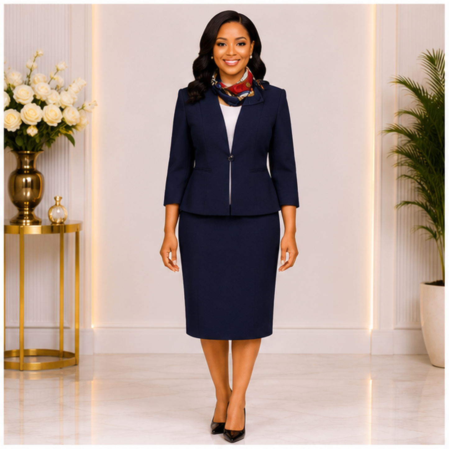 Elegant Navy Blue Church Suit for Women – Classic Two-Piece Formal Skirt Set for Church, Business & Special Occasions