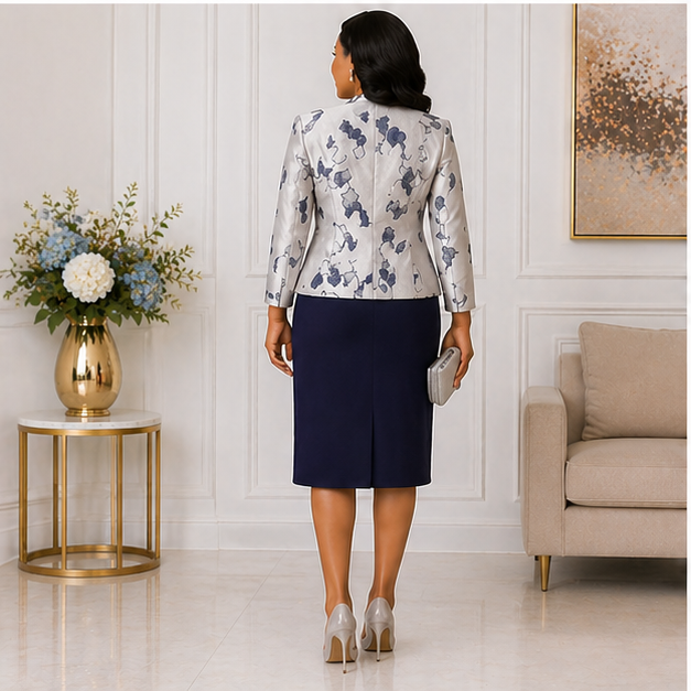 Elegant Women’s 2-Piece Church Suit Set – Navy Blue & Silver Formal Jacket Dress Outfit