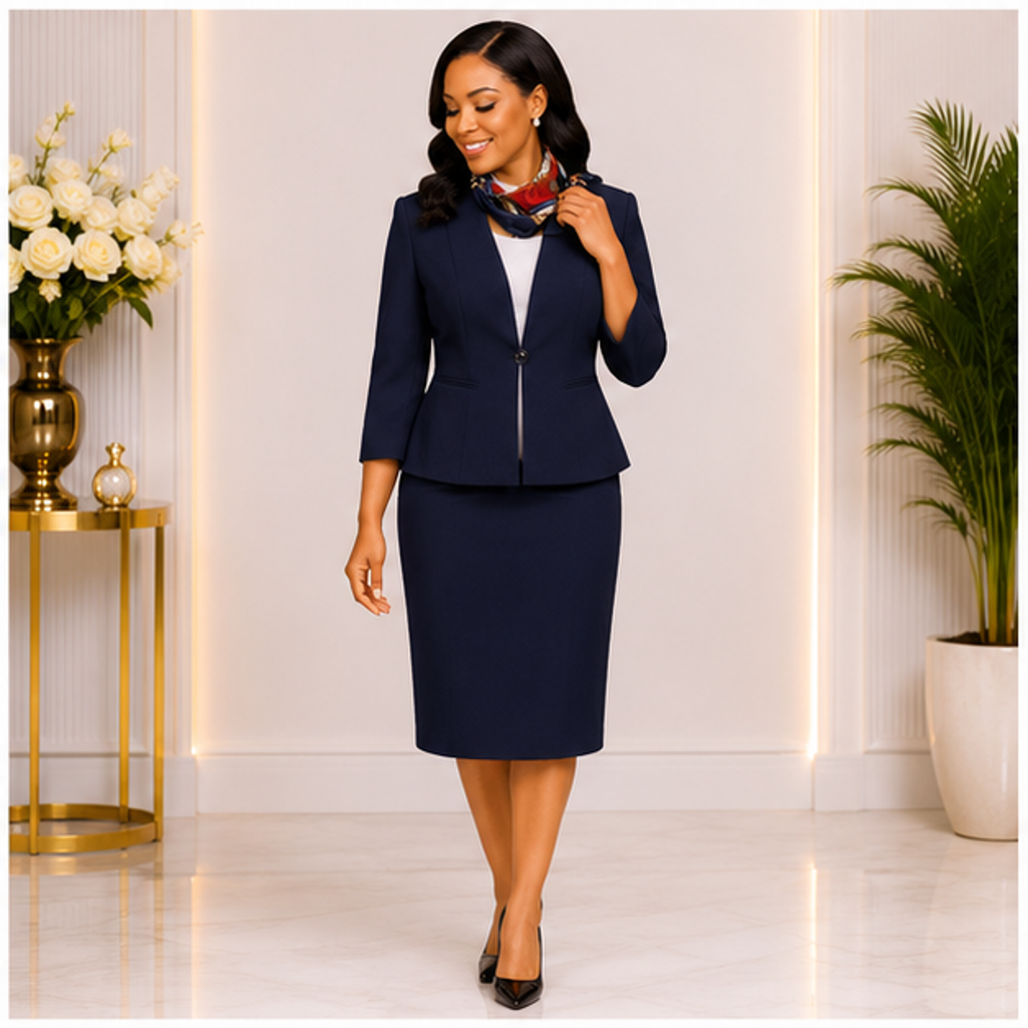 Elegant Navy Blue Church Suit for Women – Classic Two-Piece Formal Skirt Set for Church, Business & Special Occasions