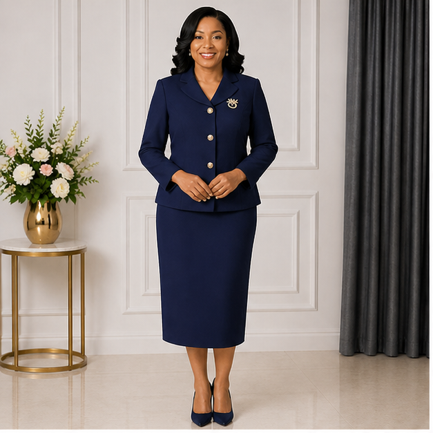 Elegant Women’s 2-Piece Church Suit Set – Navy Blue Tailored Jacket & Midi Skirt