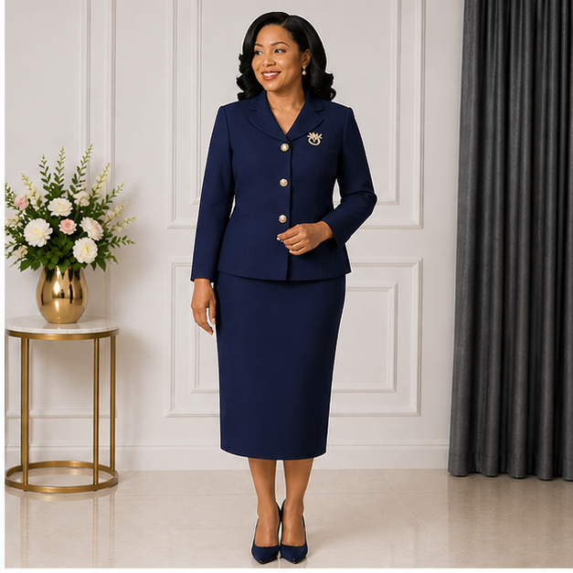 Elegant Women’s 2-Piece Church Suit Set – Navy Blue Tailored Jacket & Midi Skirt