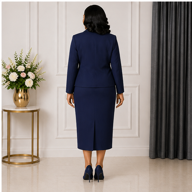 Elegant Women’s 2-Piece Church Suit Set – Navy Blue Tailored Jacket & Midi Skirt