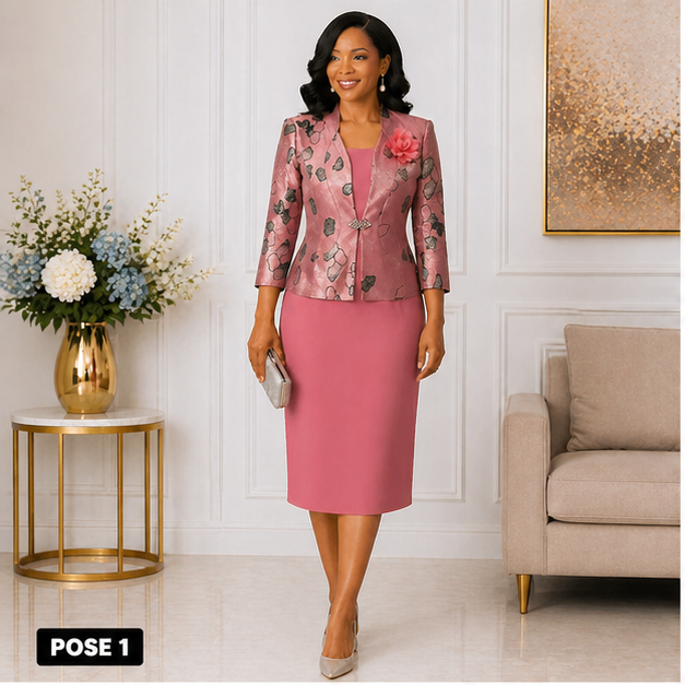 Elegant Women’s 2-Piece Church Suit Set – Rose Pink Formal Jacket Dress Outfit