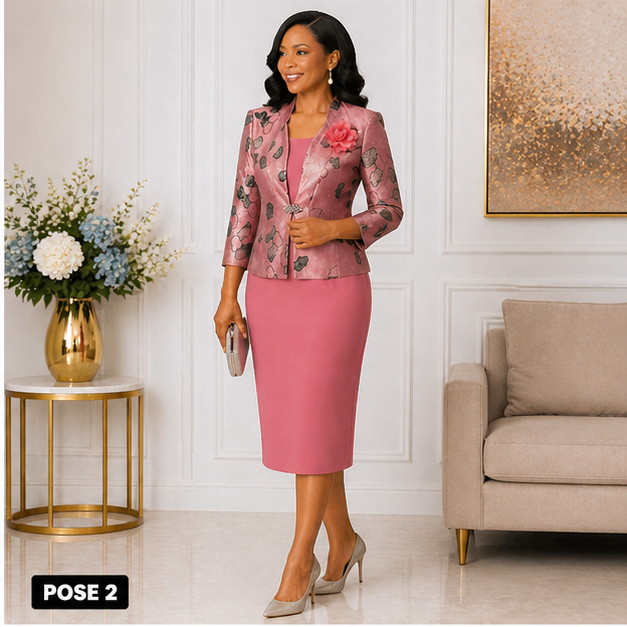 Elegant Women’s 2-Piece Church Suit Set – Rose Pink Formal Jacket Dress Outfit
