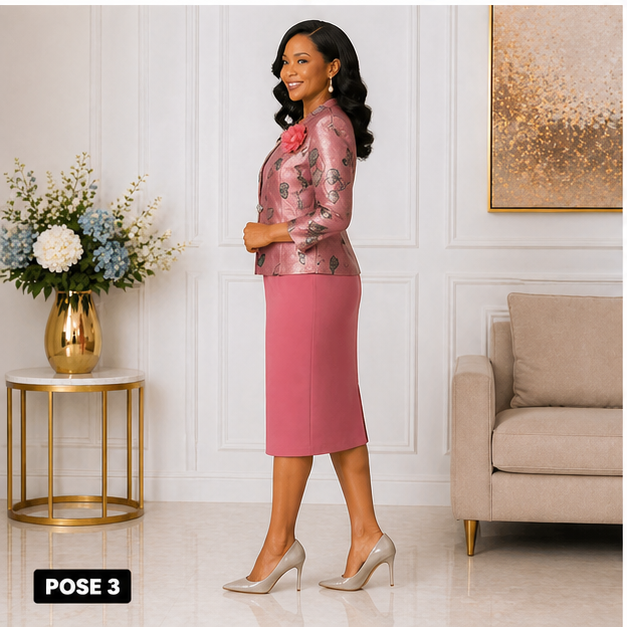Elegant Women’s 2-Piece Church Suit Set – Rose Pink Formal Jacket Dress Outfit