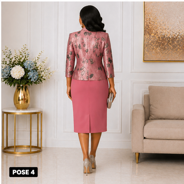 Elegant Women’s 2-Piece Church Suit Set – Rose Pink Formal Jacket Dress Outfit
