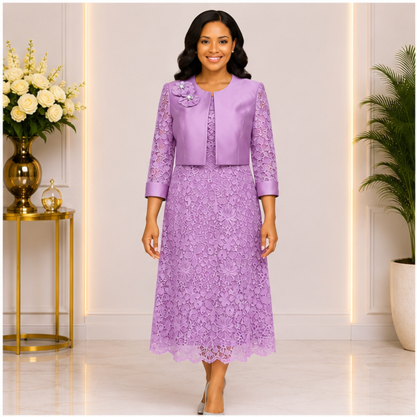 Elegant Lavender Lace Church Dress for Women – Luxury Formal Midi Dress with Jacket for Weddings & Special Occasions