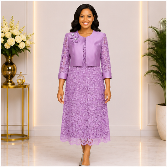 Elegant Lavender Lace Church Dress for Women – Luxury Formal Midi Dress with Jacket for Weddings & Special Occasions