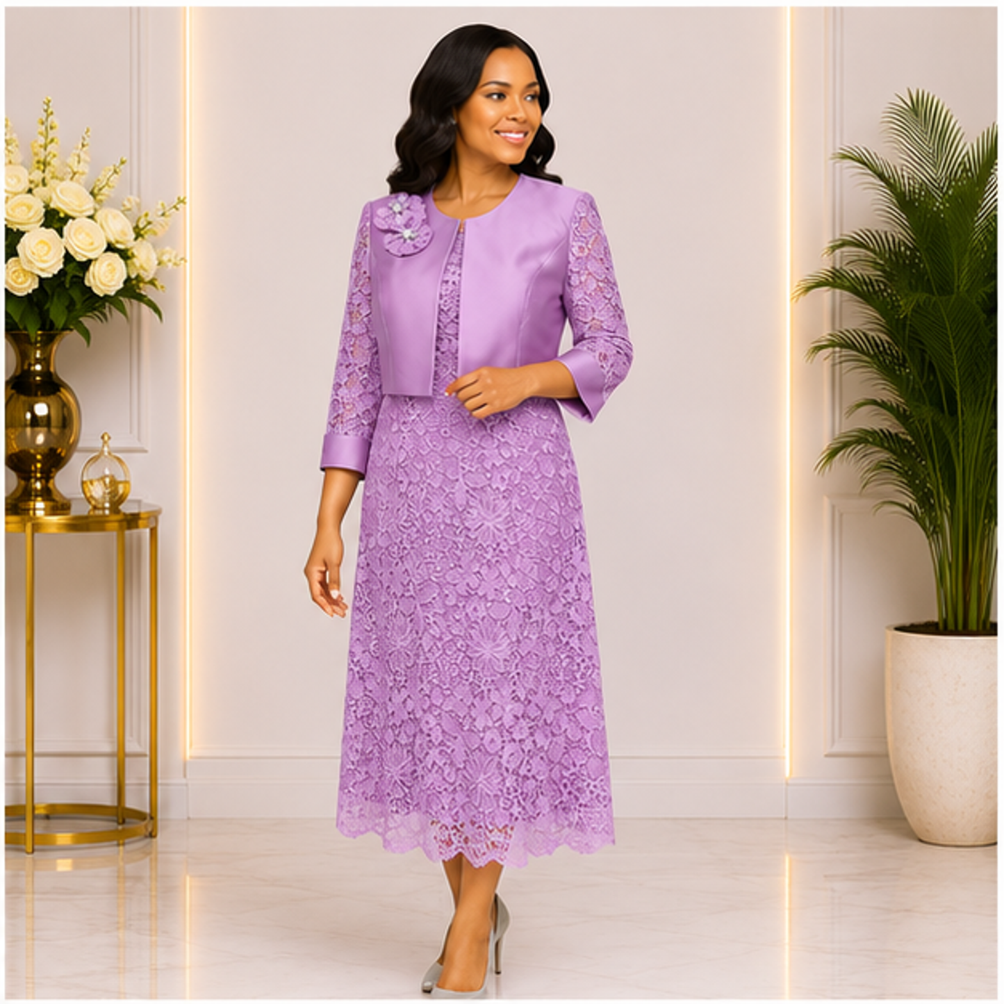 Elegant Lavender Lace Church Dress for Women – Luxury Formal Midi Dress with Jacket for Weddings & Special Occasions