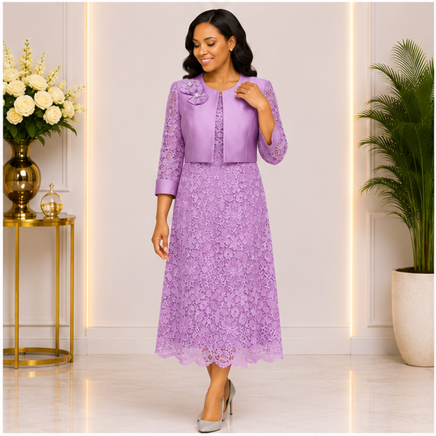 Elegant Lavender Lace Church Dress for Women – Luxury Formal Midi Dress with Jacket for Weddings & Special Occasions
