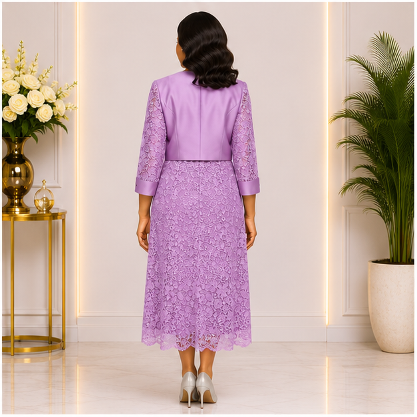 Elegant Lavender Lace Church Dress for Women – Luxury Formal Midi Dress with Jacket for Weddings & Special Occasions