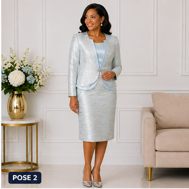 Elegant Women Silver Blue Church Suit Set Formal Skirt Outfit