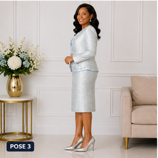 Elegant Women Silver Blue Church Suit Set Formal Skirt Outfit