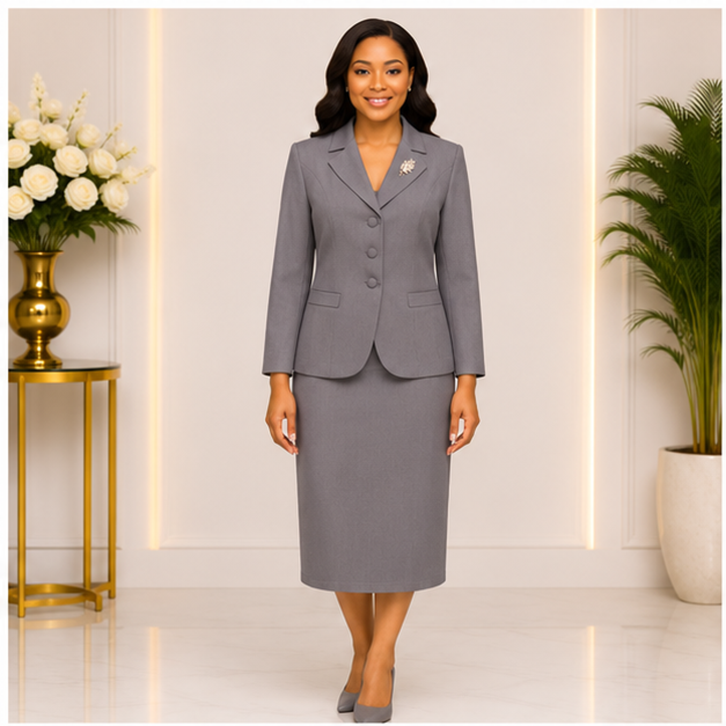 Elegant Silver Gray Church Suit for Women – Classic Two-Piece Formal Skirt Set for Church, Business & Special Occasions