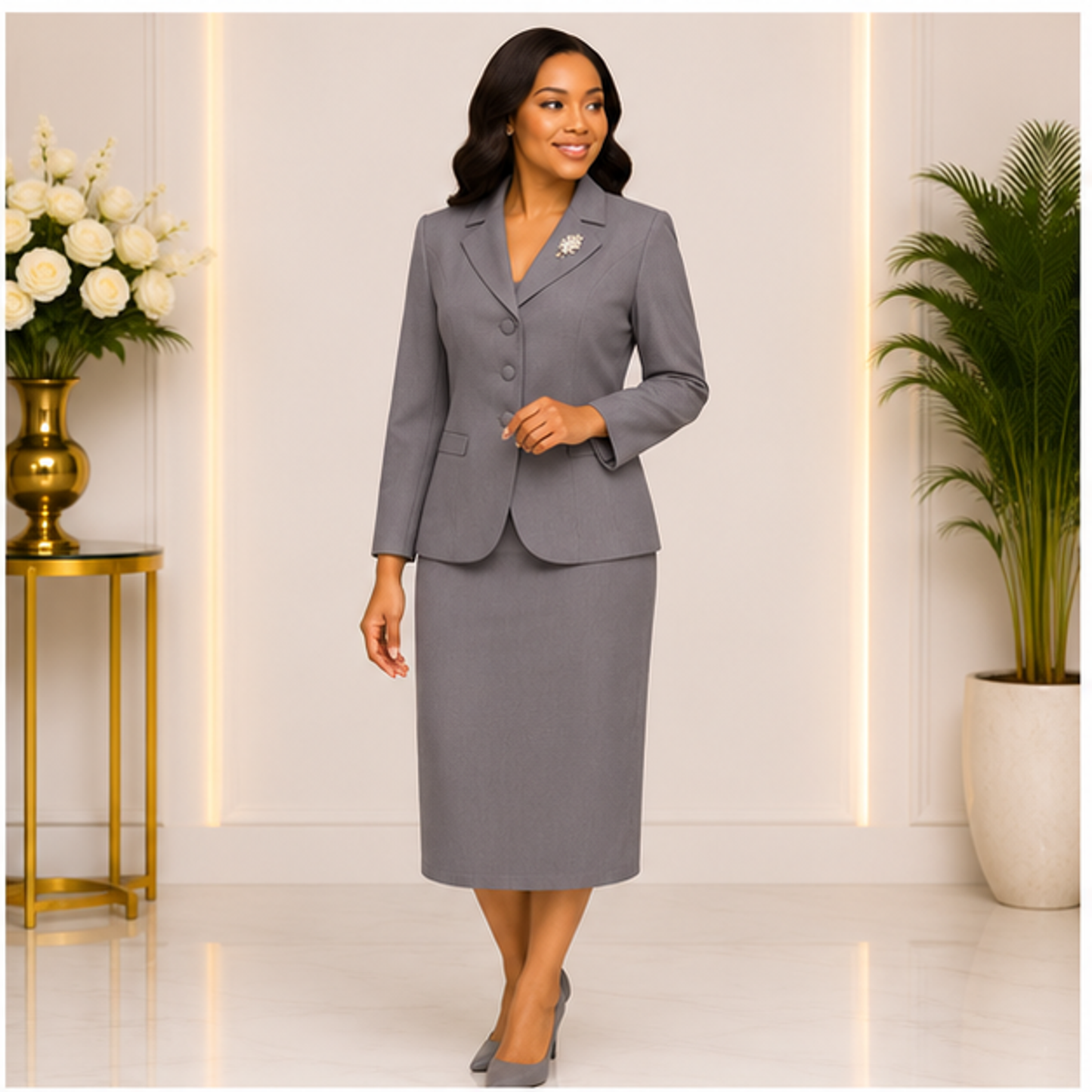Elegant Silver Gray Church Suit for Women – Classic Two-Piece Formal Skirt Set for Church, Business & Special Occasions