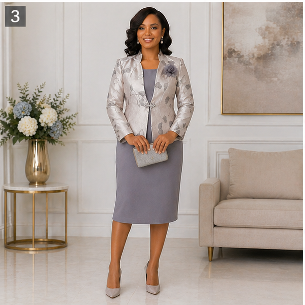 Elegant Women’s 2-Piece Church Suit Set – Silver Gray Formal Jacket & Dress Outfit