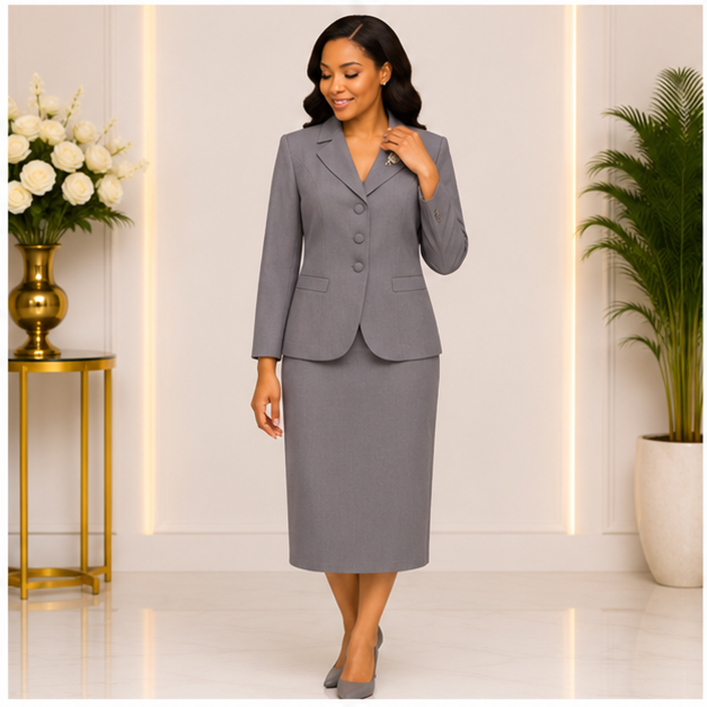 Elegant Silver Gray Church Suit for Women – Classic Two-Piece Formal Skirt Set for Church, Business & Special Occasions