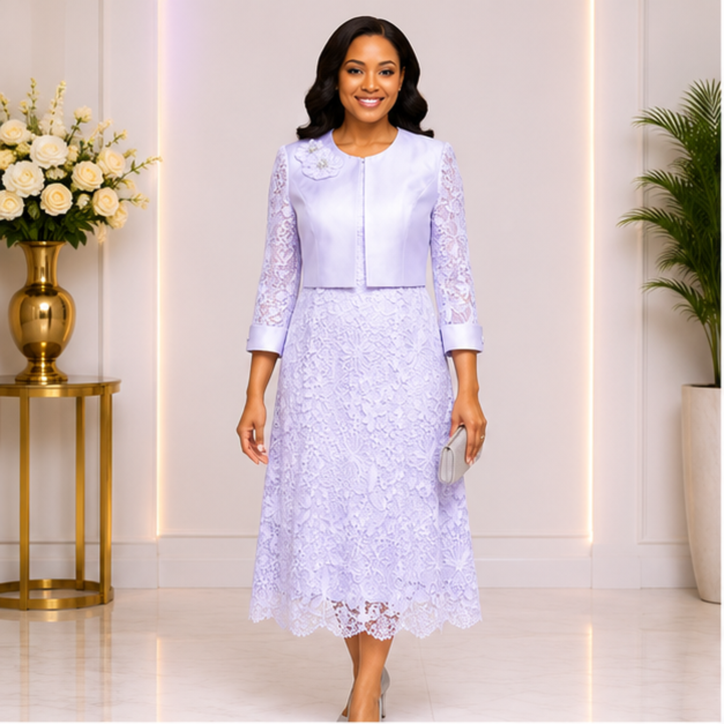Elegant White Lace Church Dress for Women – Luxury Formal Midi Dress for Weddings & Special Occasions