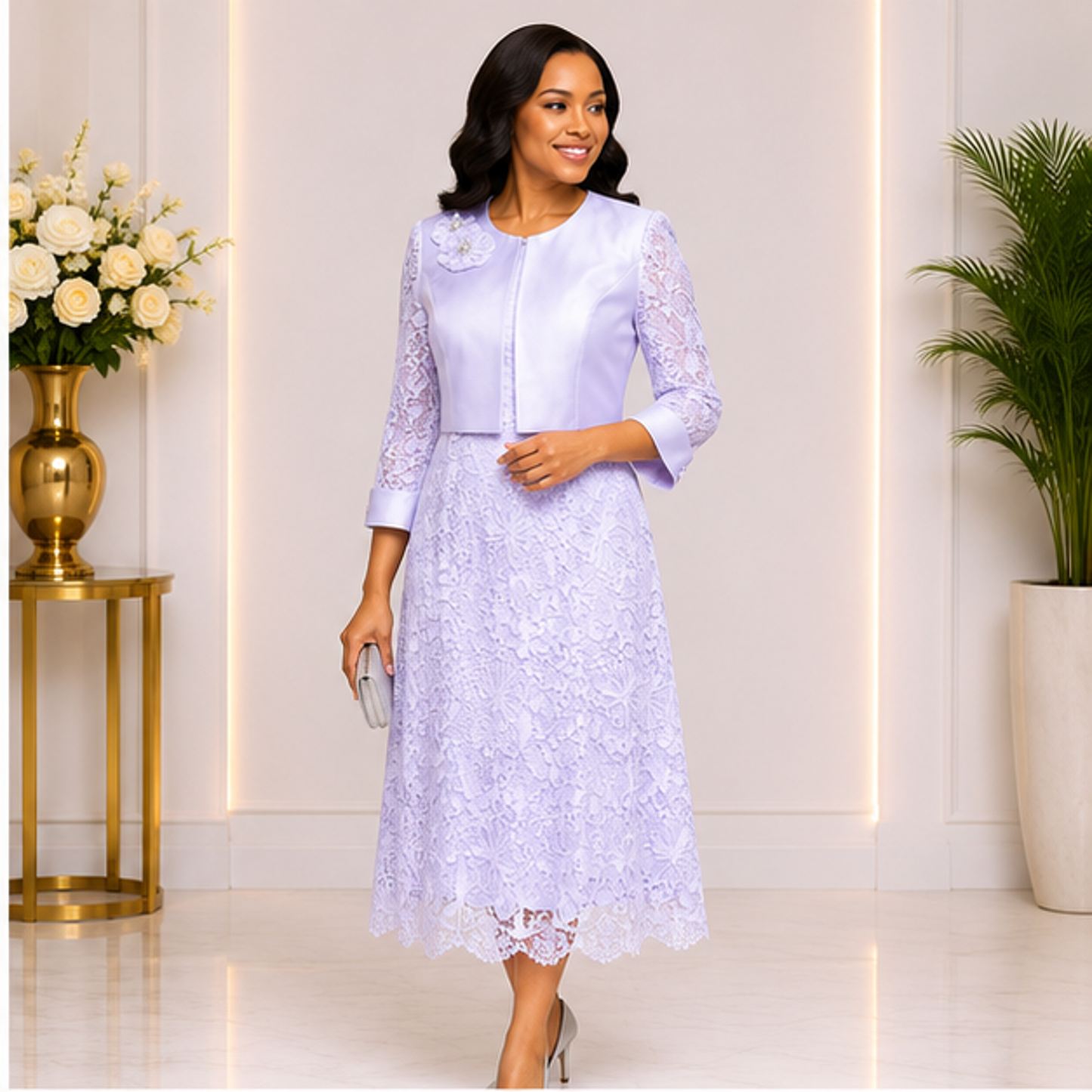 Elegant White Lace Church Dress for Women – Luxury Formal Midi Dress for Weddings & Special Occasions