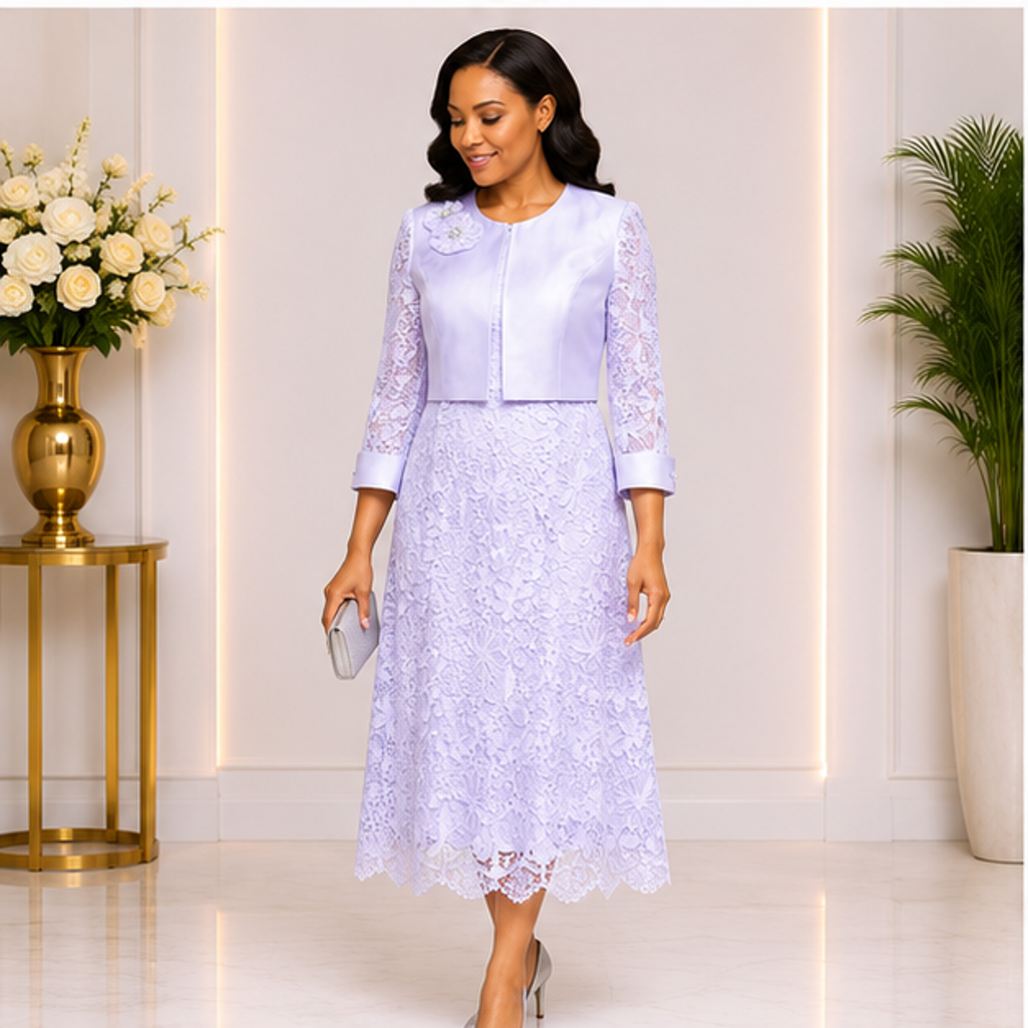 Elegant White Lace Church Dress for Women – Luxury Formal Midi Dress for Weddings & Special Occasions
