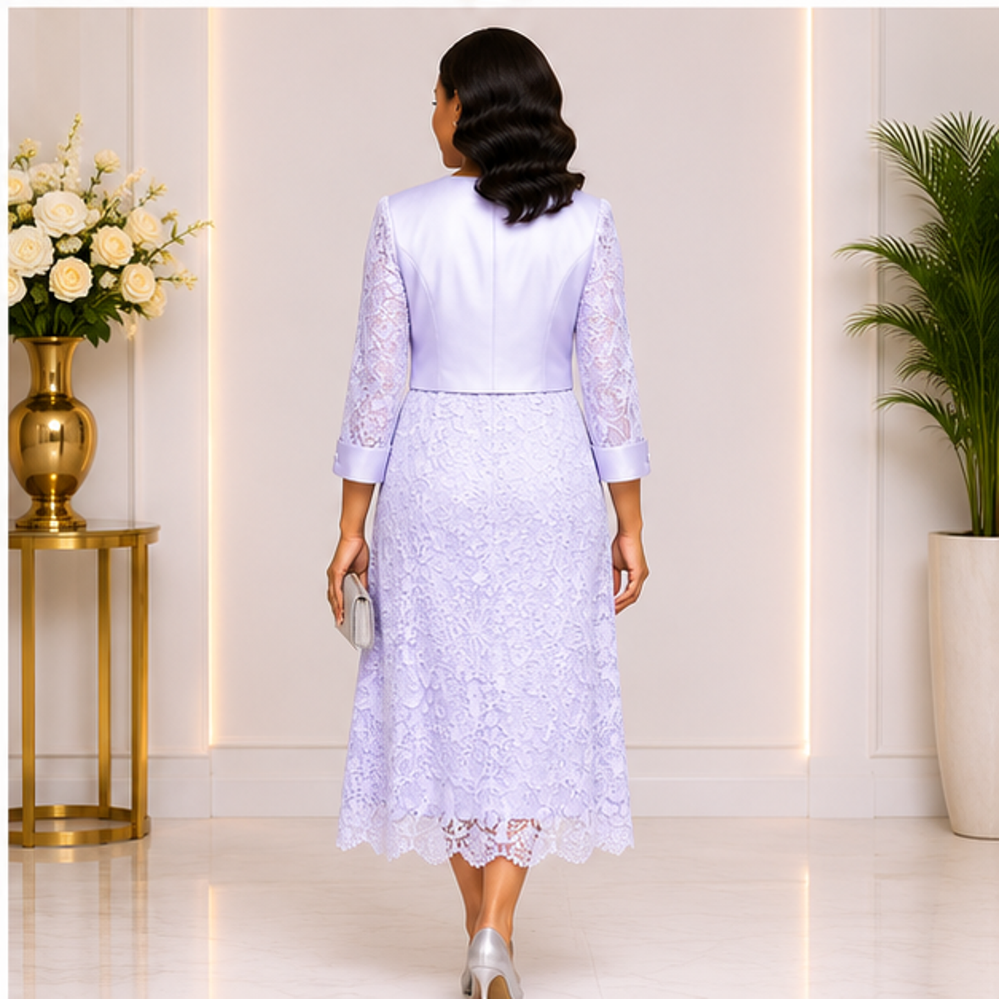 Elegant White Lace Church Dress for Women – Luxury Formal Midi Dress for Weddings & Special Occasions